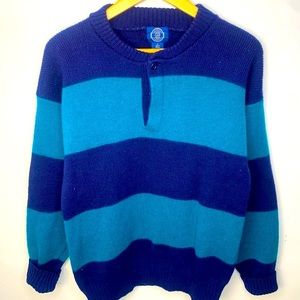 Vintage 90’s GAP Men’s Wool Pullover Henley Sweater Blue & Turquoise Striped S